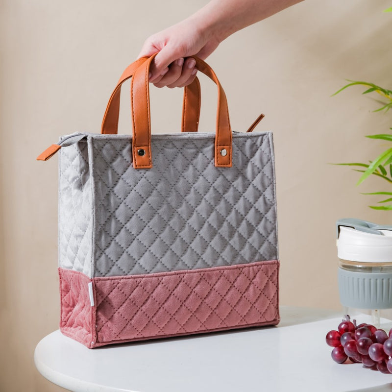 Luxe Velvet Lunch Bag Grey And Pink
