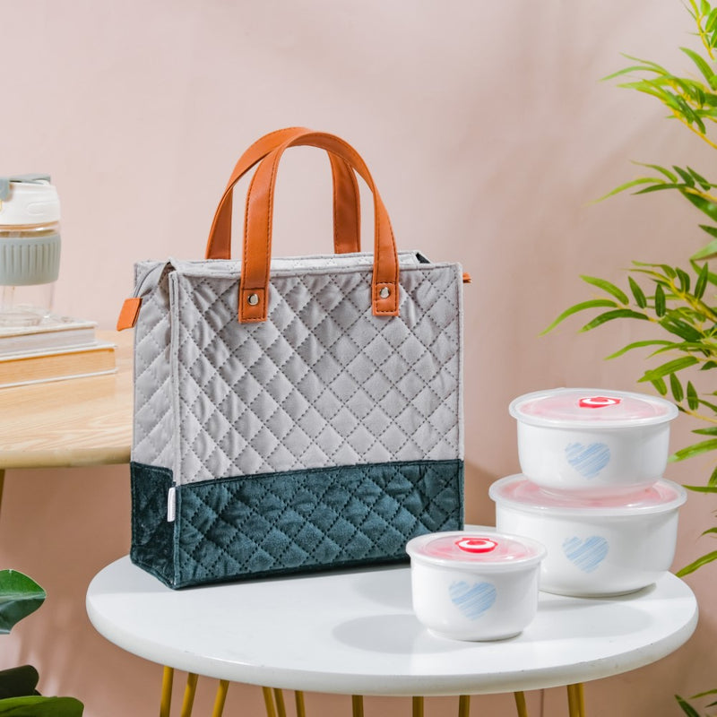 Luxe Velvet Lunch Bag Grey And Green