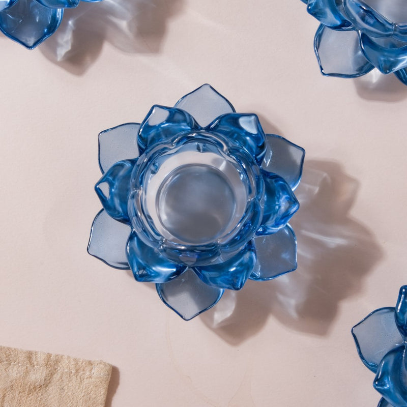 Lotus Glass Tea Light Holder Blue Set of 6 - Candle stand | Home decor ideas