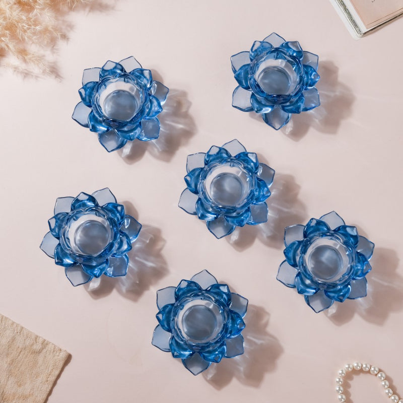 Lotus Glass Tea Light Holder Blue Set of 6 - Candle stand | Home decor ideas