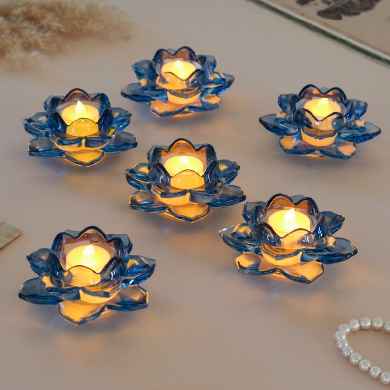 Lotus Glass Tea Light Holder Blue Set of 6 - Candle stand | Home decor ideas