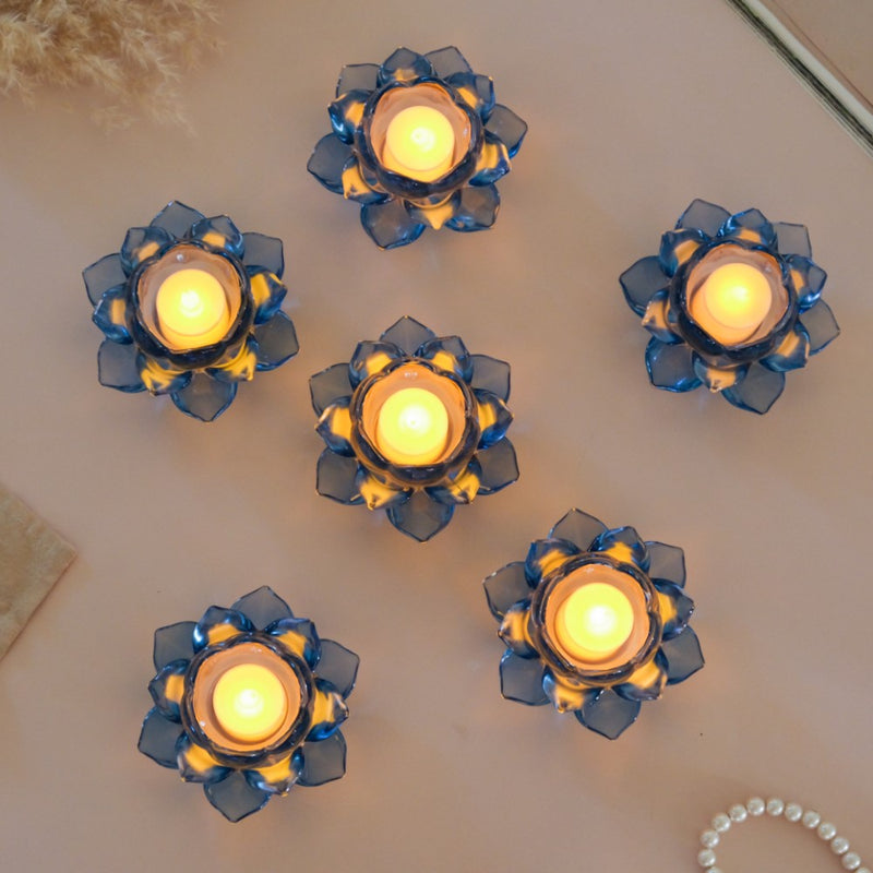 Lotus Glass Tea Light Holder Blue Set of 6 - Candle stand | Home decor ideas