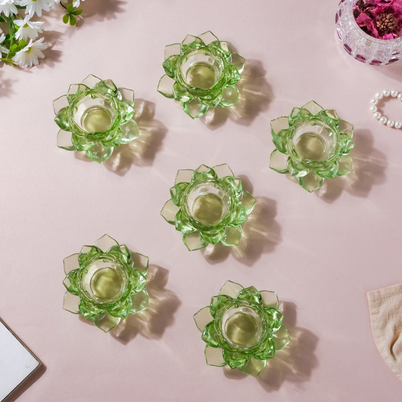 Lotus Glass Tea Light Holder Green Set of 6 - Candle stand | Home decor ideas