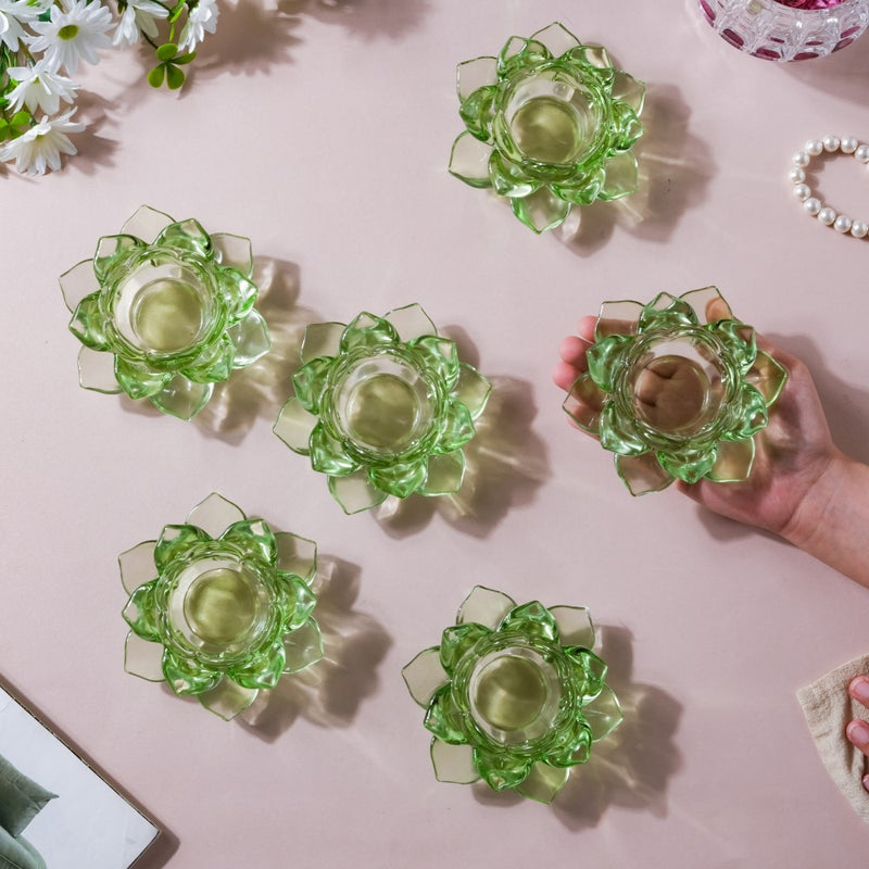 Lotus Glass Tea Light Holder Green Set of 6 - Candle stand | Home decor ideas