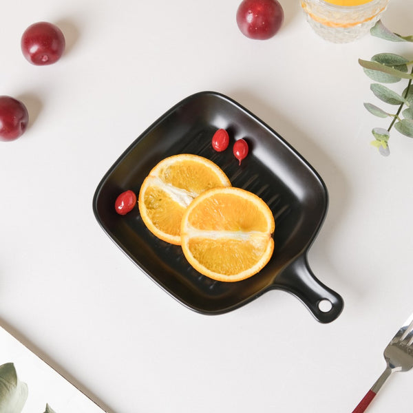 Ribbed Ceramic Baking Plate With Handle Black 250 ml - Baking Tray