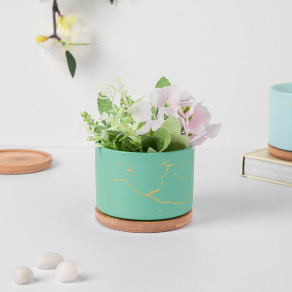 Maple Green Ceramic Planter With Coaster - Plant pot and plant stands | Room decor items