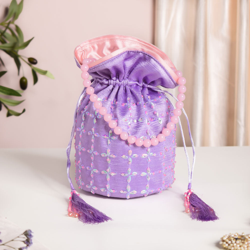 Amyra Sequins Floral Potli Bag Lavender - Main Image