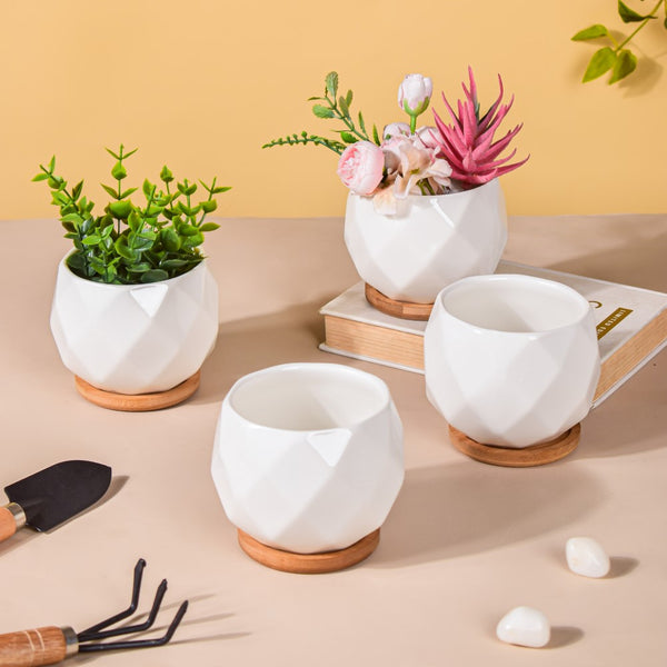 White Ceramic Planter Pattern Set Of 4