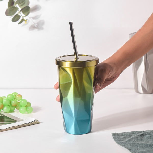 Double Walled Ombre Tumbler With Straw Yellow 500ml