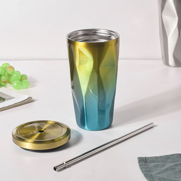 Double Walled Ombre Tumbler With Straw Yellow 500ml