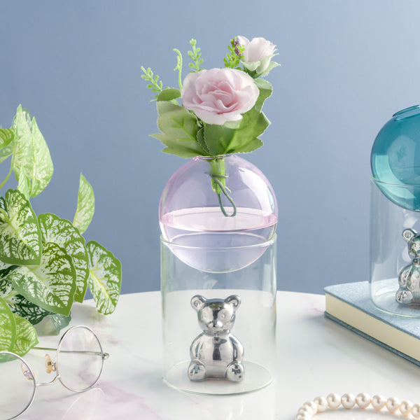 Bear In The Jar Glass Planter Pink - Glass flower vase for home decor, office and gifting | Home decoration items