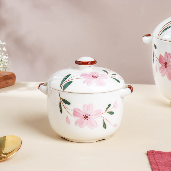 Sakura White Soup Pot Small - Serving bowl with lid, ceramic bowls with lids, noodle bowl, oven bowl, soup bowl with handle | Bowls for dining table & home decor