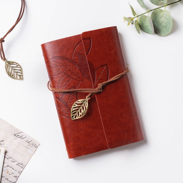 Wanderlust Leather Journal With Leaf Tassel Strap Brown 75 Pages