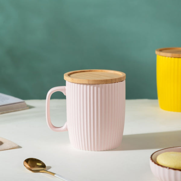 Ceramic Mug with Wooden Lid Pink- Mug for coffee, tea mug, cappuccino mug | Cups and Mugs for Coffee Table & Home Decor