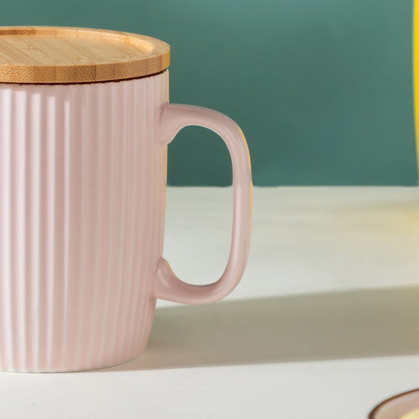 Ceramic Mug with Wooden Lid Pink- Mug for coffee, tea mug, cappuccino mug | Cups and Mugs for Coffee Table & Home Decor