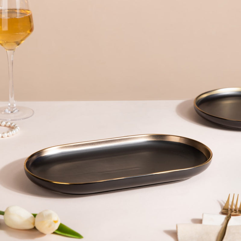 VERA Ceramic Long Plate Black 12 Inch - Ceramic platter, serving platter, fruit platter | Plates for dining table & home decor