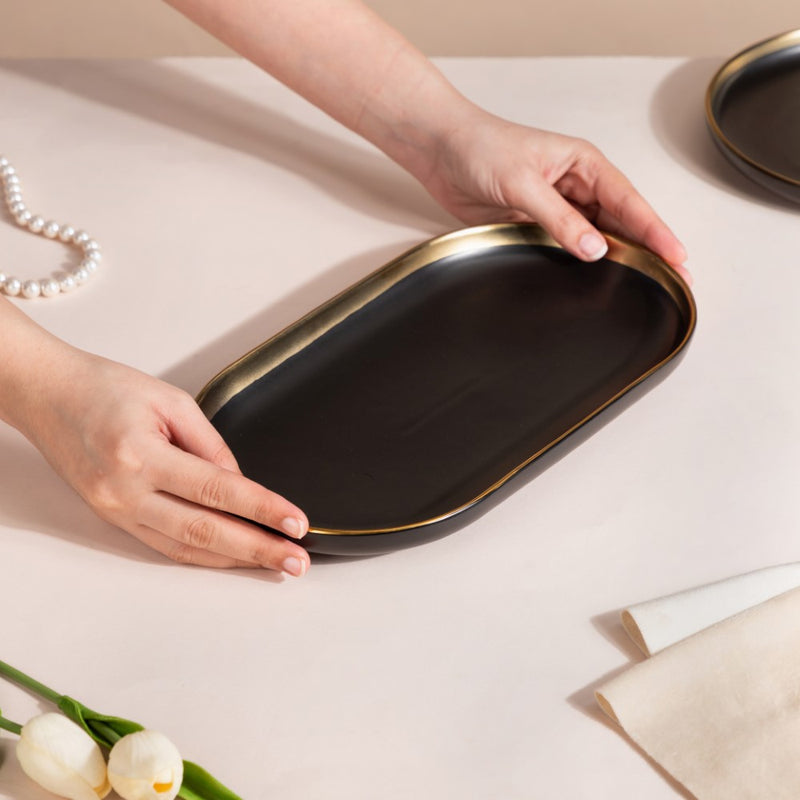 VERA Ceramic Long Plate Black 12 Inch - Ceramic platter, serving platter, fruit platter | Plates for dining table & home decor