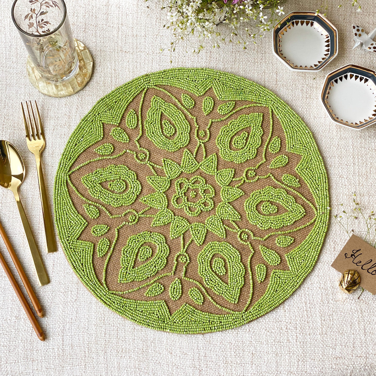 BEADS Mandala Jute Table Mat - Green