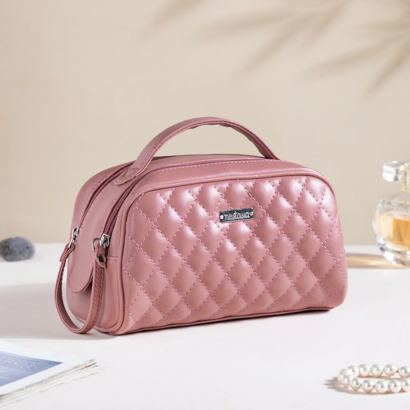 Quilted Double Zipper Travel Pouch Pink