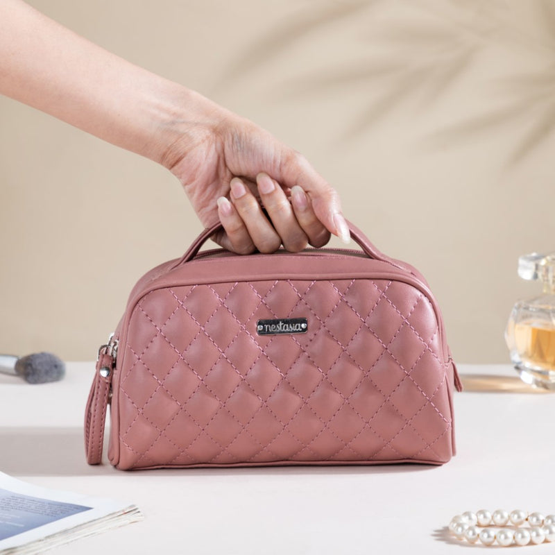 Quilted Double Zipper Travel Pouch Pink