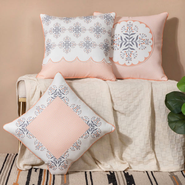 Faenza Handwork Cushion Cover Set Of 3 Peach 16 x 16 Inch
