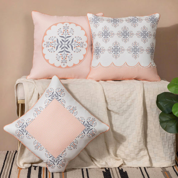 Faenza Handwork Cushion Cover Set Of 3 Peach 16 x 16 Inch