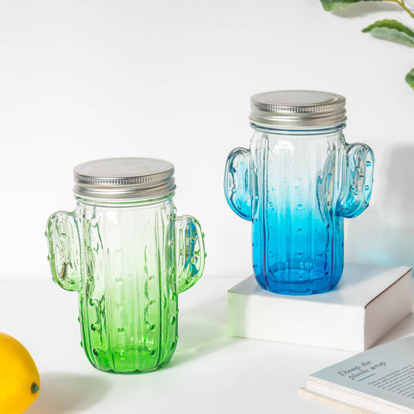 Prickly Cacti Glass Jar Blue with Lid Set of 4