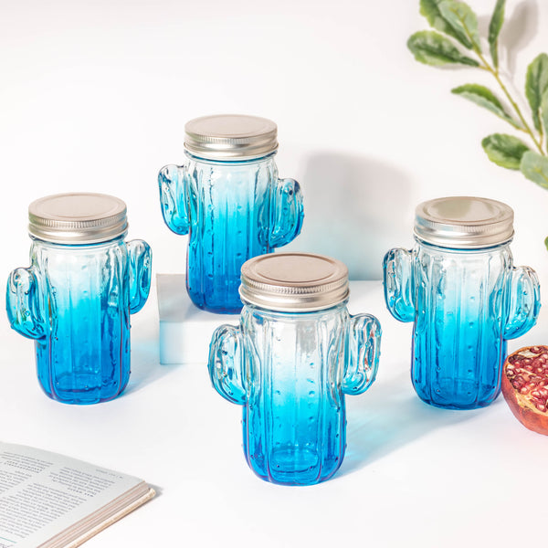 Prickly Cacti Glass Jar Blue with Lid Set of 4