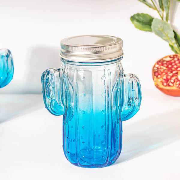 Prickly Cacti Glass Jar Blue with Lid Set of 4