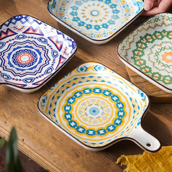 Mandala Yellow Spiral Square Ceramic Plate With Handle - Ceramic platter, serving platter, fruit platter | Plates for dining table & home decor