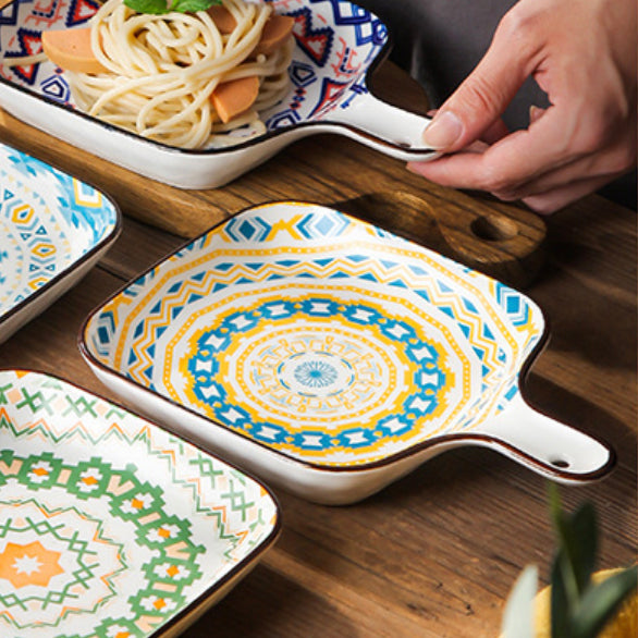 Mandala Yellow Spiral Square Ceramic Plate With Handle - Ceramic platter, serving platter, fruit platter | Plates for dining table & home decor