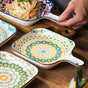 Mandala Yellow Spiral Square Ceramic Plate With Handle - Ceramic platter, serving platter, fruit platter | Plates for dining table & home decor