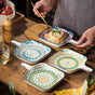 Mandala Yellow Spiral Square Ceramic Plate With Handle - Ceramic platter, serving platter, fruit platter | Plates for dining table & home decor