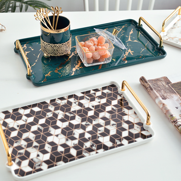 Marble Finish Tray With Handle