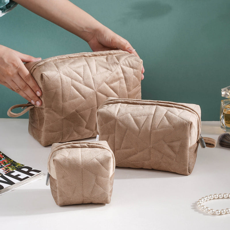 Beige Blossom Vanity Pouch Set Of 3
