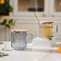 Aurora Ribbed Grey Glass Mug With Lid And Spoon Set Of 2 350 ml- Mug for coffee, tea mug, cappuccino mug | Cups and Mugs for Coffee Table & Home Decor