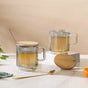 Aurora Ribbed Grey Glass Mug With Lid And Spoon Set Of 2 350 ml- Mug for coffee, tea mug, cappuccino mug | Cups and Mugs for Coffee Table & Home Decor