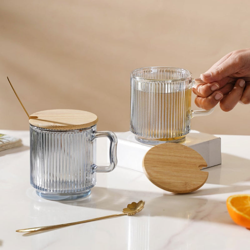 Aurora Ribbed Grey Glass Mug With Lid And Spoon Set Of 2 350 ml- Mug for coffee, tea mug, cappuccino mug | Cups and Mugs for Coffee Table & Home Decor