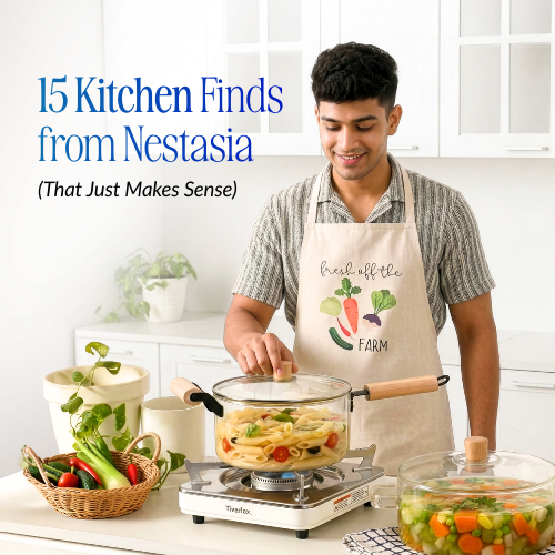 15 cute and clever kitchen finds to inspire your inner chef: discover nesting kitchen accessories, ceramic cooking pots, and airtight glass jars for a cozy and organized pantry space.