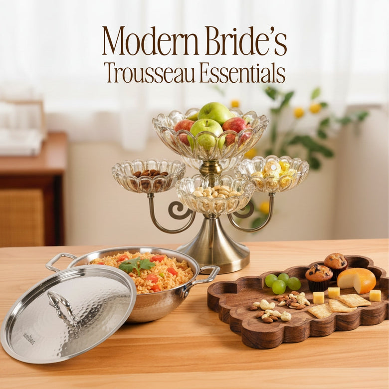Transform your bridal trousseau into a stylish newlywed home with curated kitchen, linen, and decor essentials.