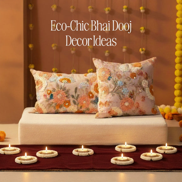 Sustainable decor for Bhai Dooj, featuring handcrafted ceramic diyas, brass items, natural jute woven baskets and more.