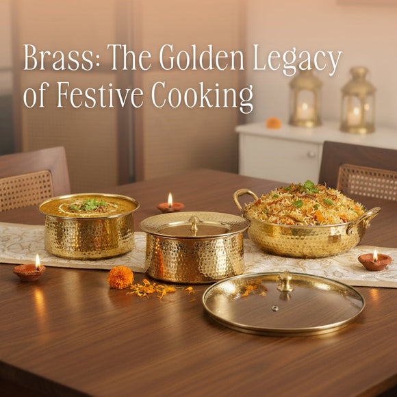 Festive brass cookware display with patila, handi, lagan, kadhai celebrating health, culture, and heritage.