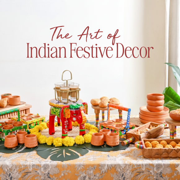 A vibrant collage of various Indian festive home decor items, including intricate brassware, colorful block print textiles, and earthy terracotta pottery, representing regional styling trends for 2025.