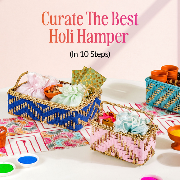 DIY Holi gift hamper guide filled with festive colors, gourmet sweets, and designer home decor for every holi party.