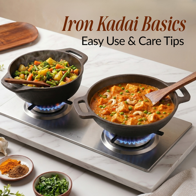 How to use and clean an iron kadai for the first time, easy indian cooking guide for cast iron kadai care, seasoning, and cleaning burnt iron kadai without damage.