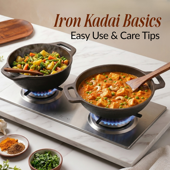 How to use and clean an iron kadai for the first time, easy indian cooking guide for cast iron kadai care, seasoning, and cleaning burnt iron kadai without damage.