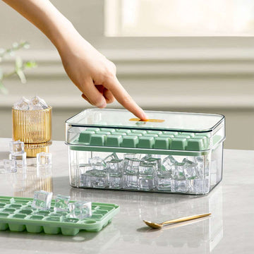 One Press Double Layer Ice Cube Tray With Bin And Scoop 2200ml