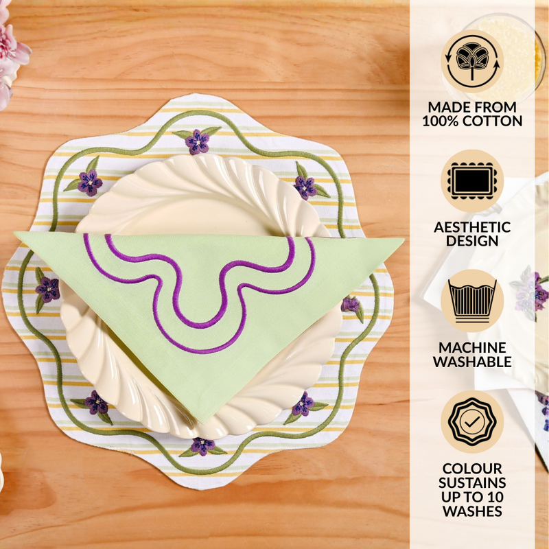 Violet Wave Embroidered Cotton Table Napkin Set Of 6