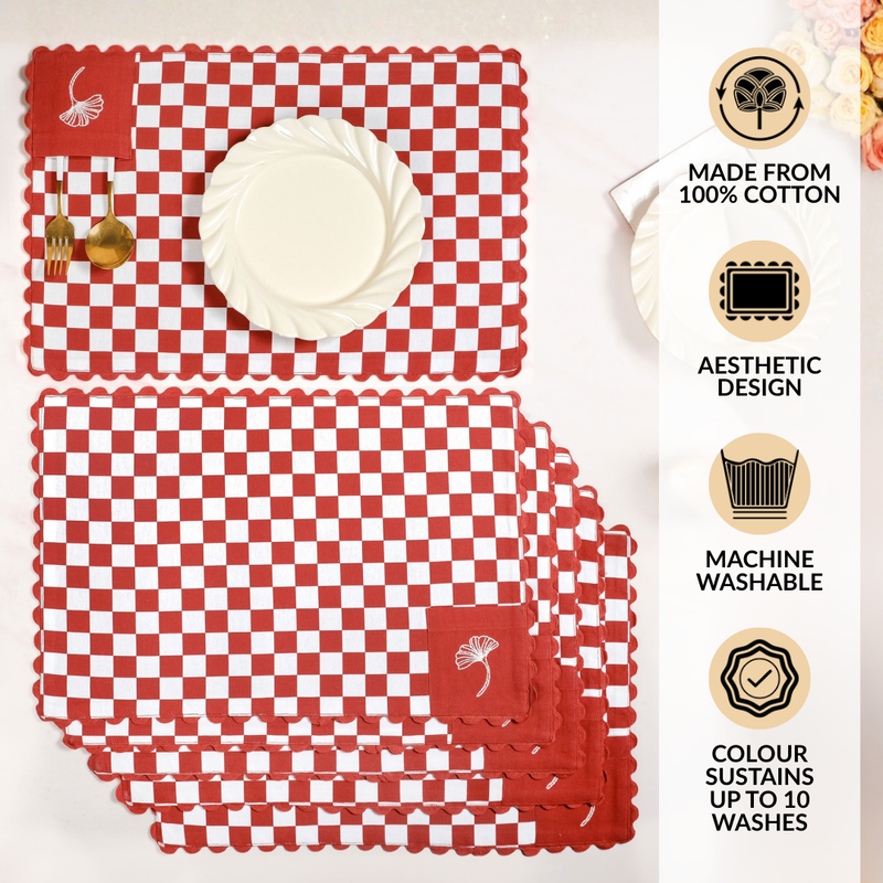 Retro Cotton Embroidered Table Mat Red Set Of 6