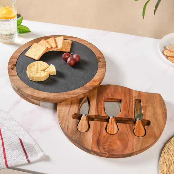 Round Wooden Charcuterie Board With Cheese Knives